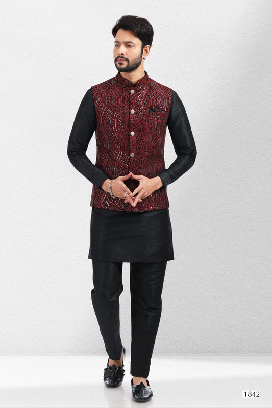 Men's Kurta Pajama with Jacket - Royal Madhubani