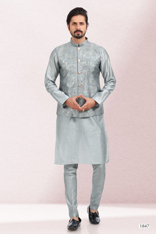 Men's Kurta Pajama with Jacket - Royal Madhubani