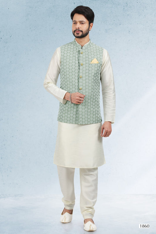 Men's Kurta Pajama with Jacket - Royal Madhubani