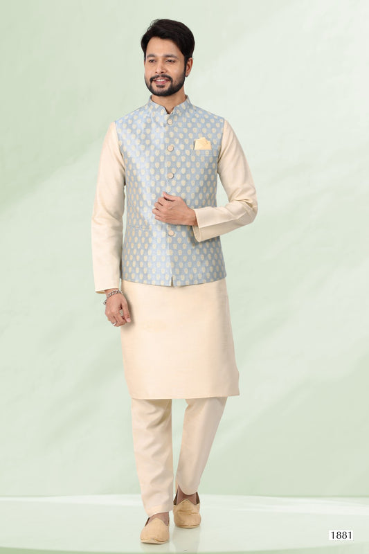 Men's Kurta Pajama with Jacket - Royal Madhubani