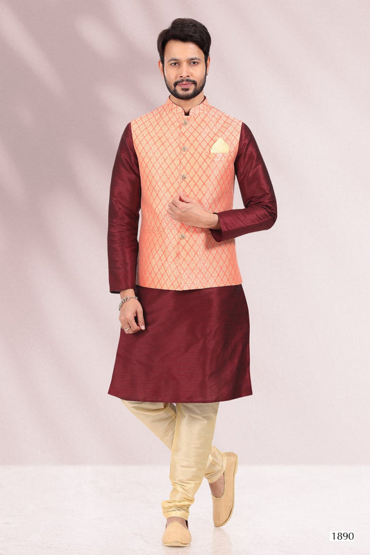 Men's Kurta Pajama with Jacket - Royal Madhubani