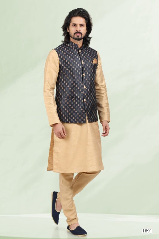 Men's Kurta Pajama with Jacket - Royal Madhubani